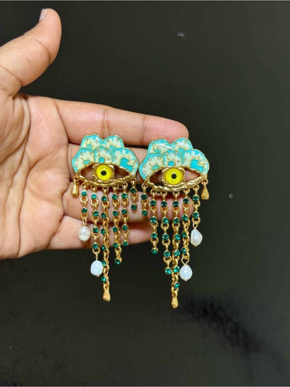Schiaparelli Inspired Gold-Tone Turquoise Eye Drop Earrings - Picture 4 of 6
